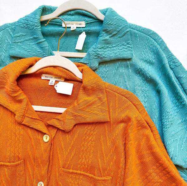 Teal Blue Button Down Textured Long Sleeve Jacket Top