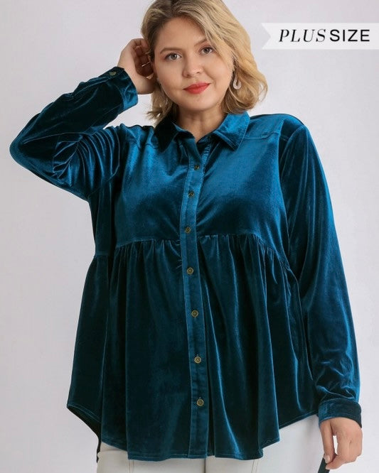 Raspberry Pink or Teal Blue Velvet Button Down Party Formal Tunic Top