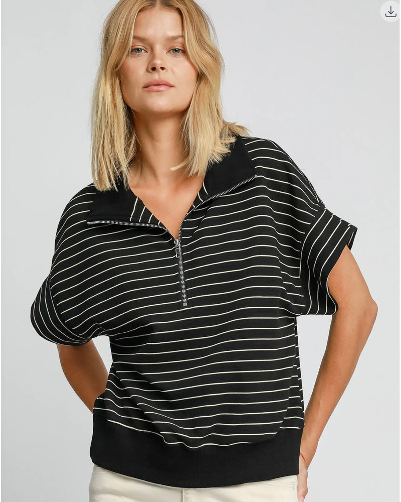 Brown, Gray or Black Stripe Pullover Zip Neck Short Sleeve Top