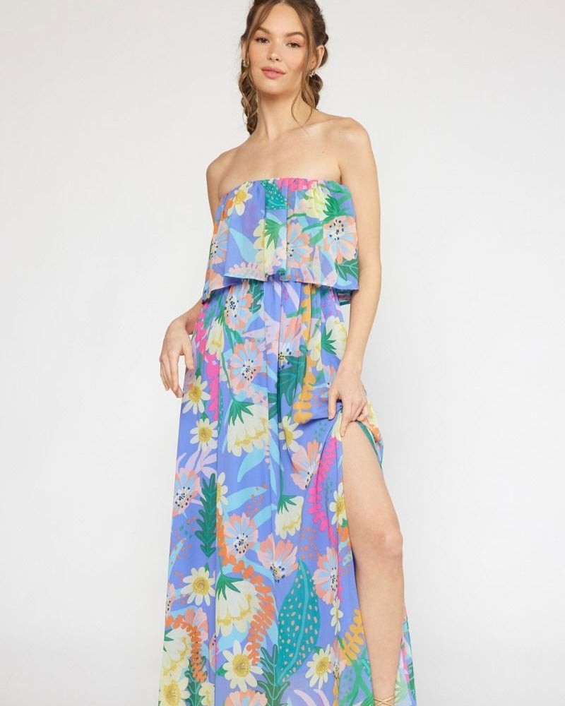 Purple Multicolor Floral Strapless Side Split Maxi Dress