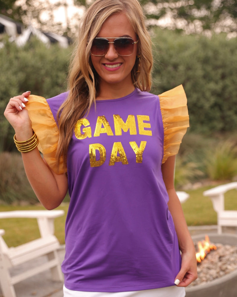 “Game Day" Short Ruffle Sleeve Sequin Patch Top
