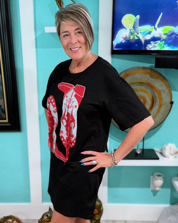 Solid Black Cotton Sequin Fringe Cowboy Boot Graphic Short Sleeve Tshirt Dress