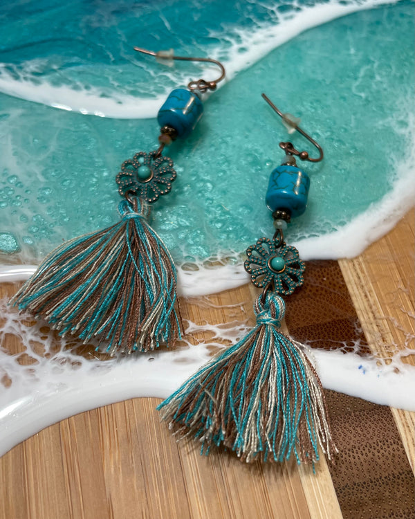 Turquoise Stone Flower & Turquoise Blue Tassel Dangle Earrings