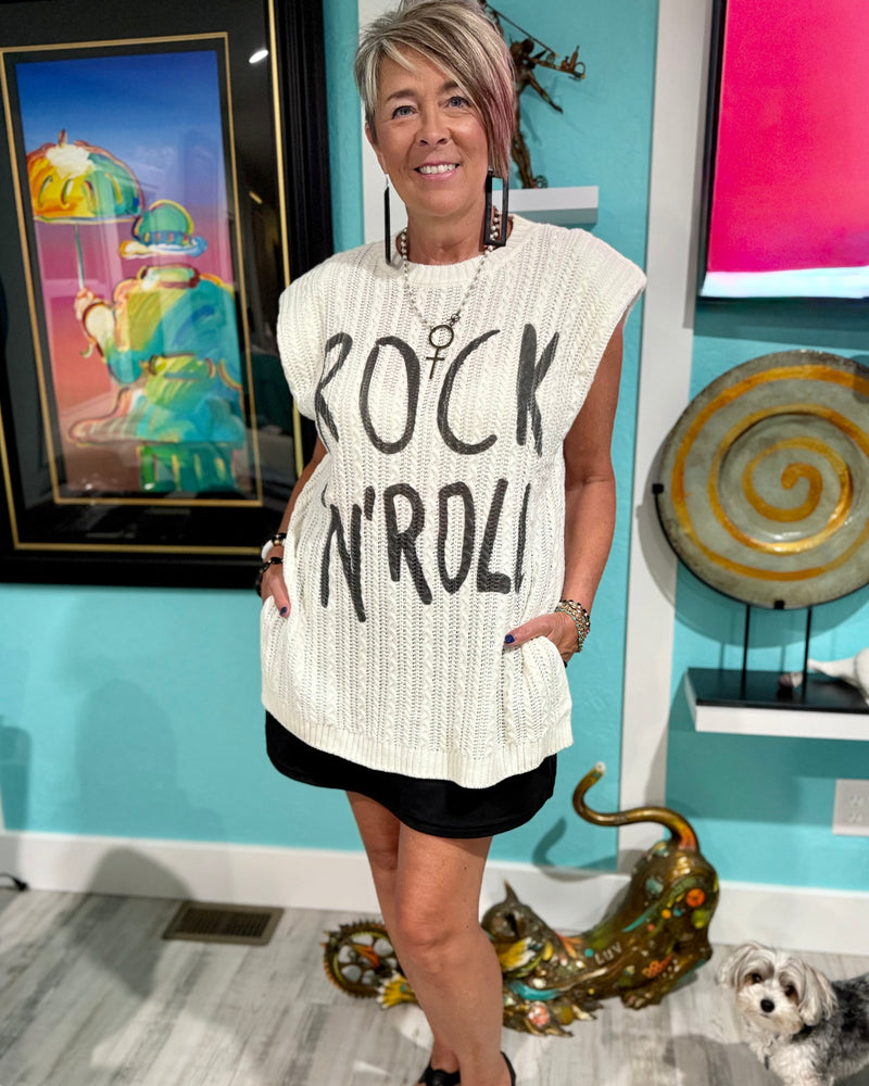 Blue or White "Rock N Roll" Acrylic Knit Sleeveless Tunic Top
