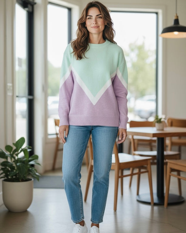 Purple & Mint Green Long Sleeve Crew Neck Diamond Sweater