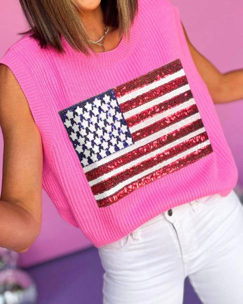 Pink Sweater Knit USA RWB Sequin Flag Cap Sleeveless Top