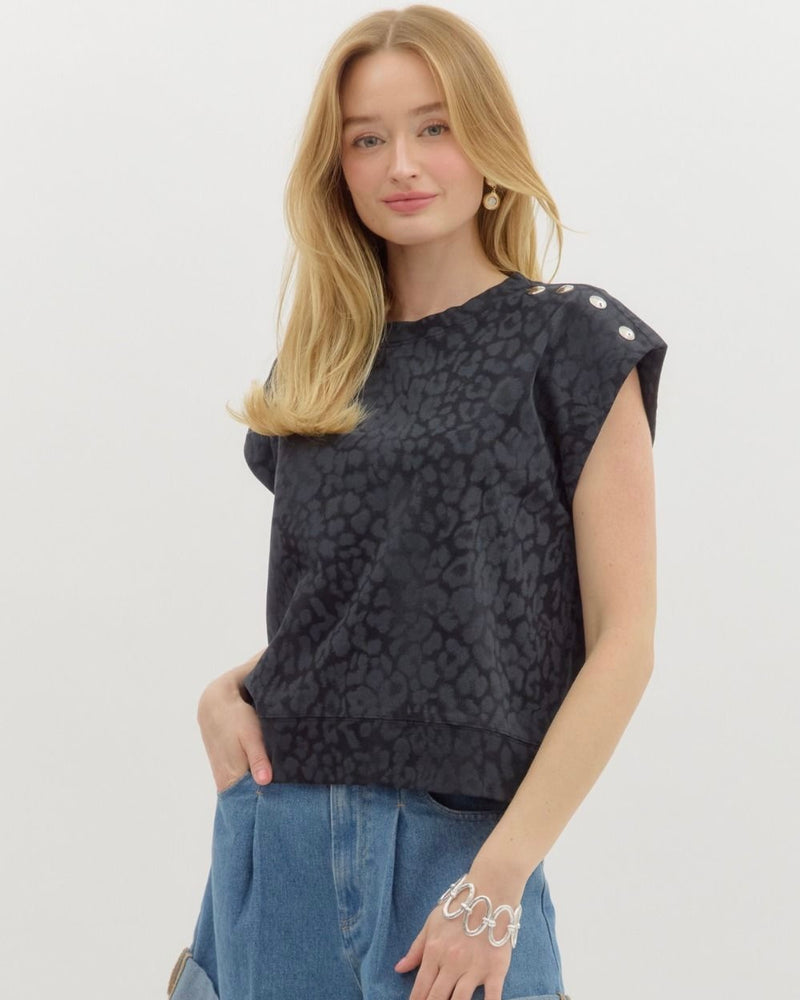 Khaki Brown or Charcoal Black Sleeveless Leopard Print Stud Shoulder Top