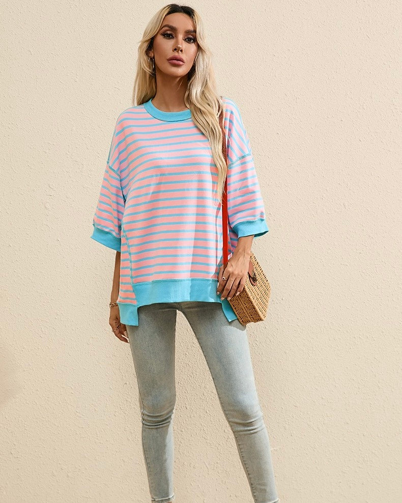 Blue & Lime Green or Pink & Blue Striped Outside Stitch Oversized Tee Top
