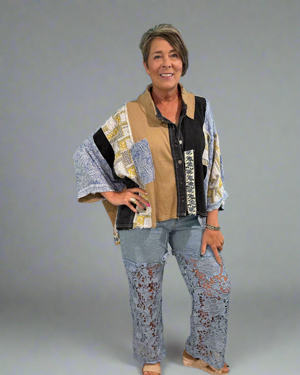 Light Denim Lace Bottom Straight Leg Jean Pants