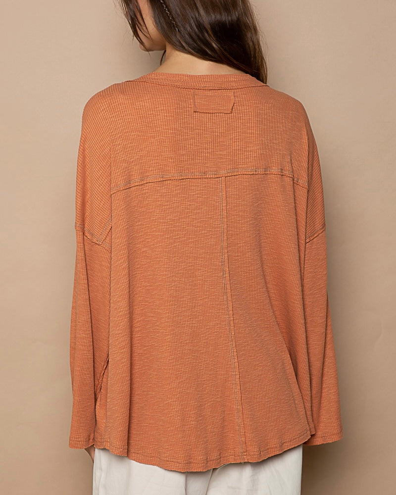 Burnt Topaz Terra Cotta VNeck Long Sleeve Oversized Texture Raw Edge Top