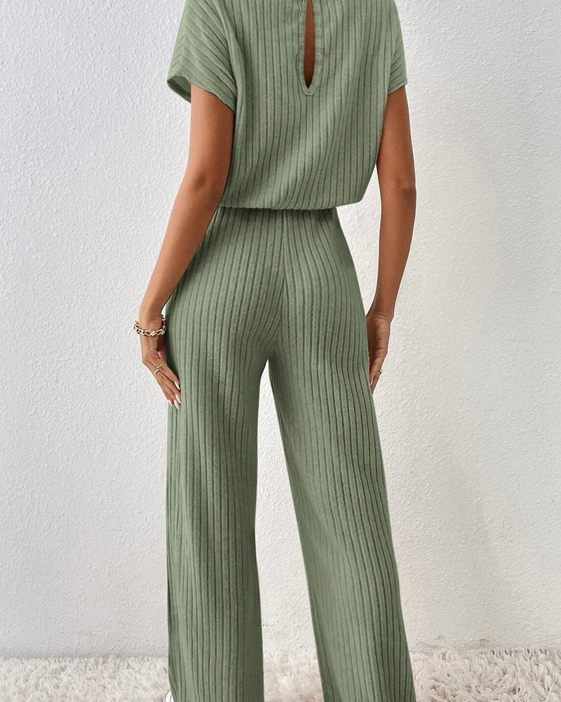 Olive Green or Magenta Pink Soft Ribbed Textured Pant, Short SleeveJumpsuit Lounger