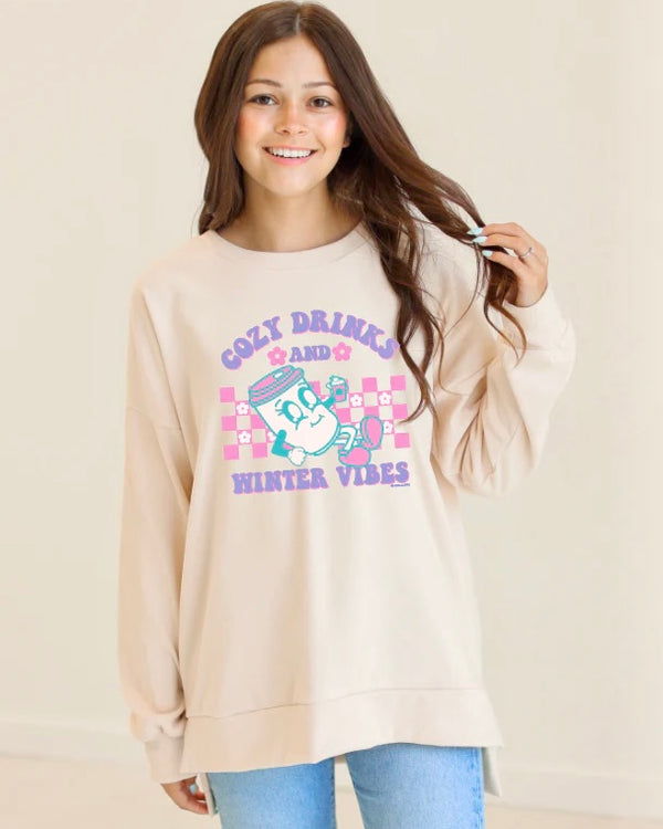 Cream w/Pink Checkered “Cozy Drinks and Winter Vibes” Long Sleeve Sweatshirt Top