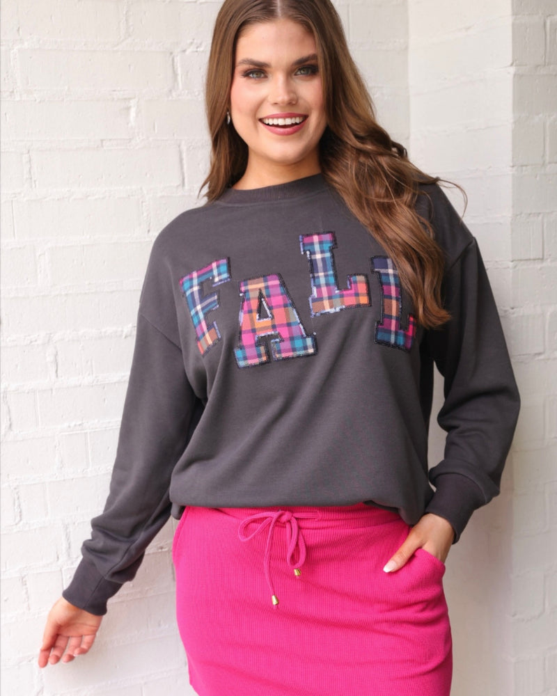 "Fall" Dark Gray Plaid Patch Pullover Sweatshirt Top
