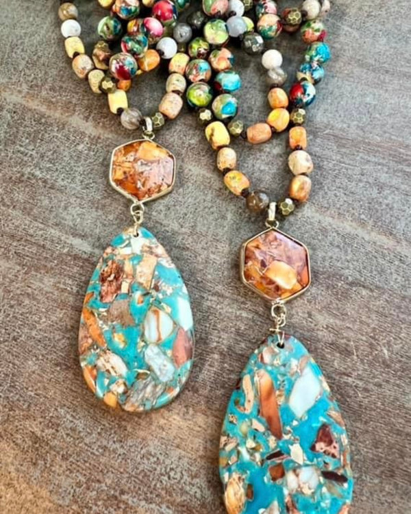 Orange, Green & Multicolor Long Beaded Necklace with Turquoise Multi Teardrop Stone Pendant