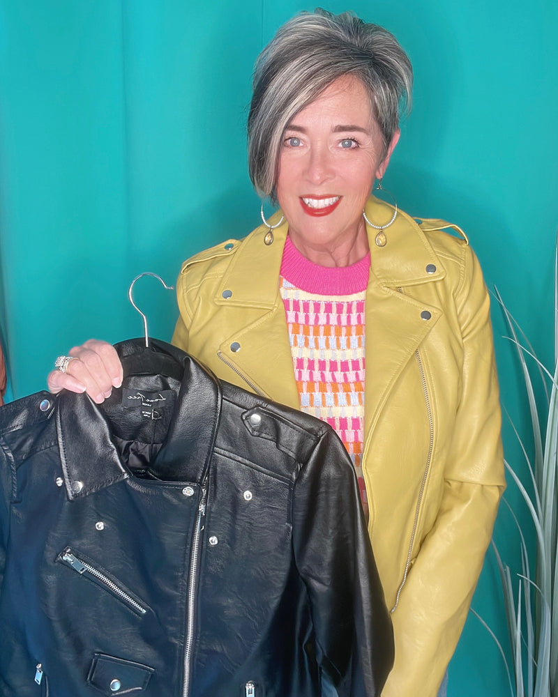 Classic Black or Citrus Yellow Moto Faux Leather Zip Biker Jacket