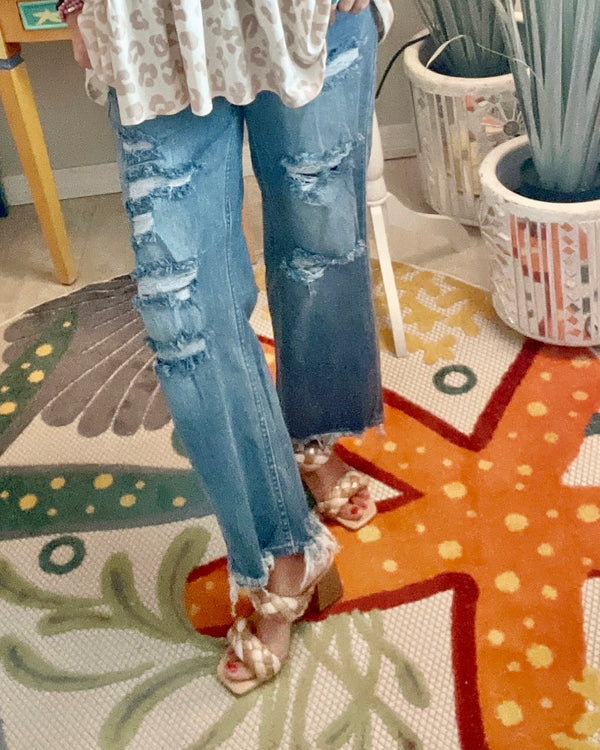 Lover Brand Medium Wash High Waist Wide Leg Distressed Ankle Frayed Jeans
