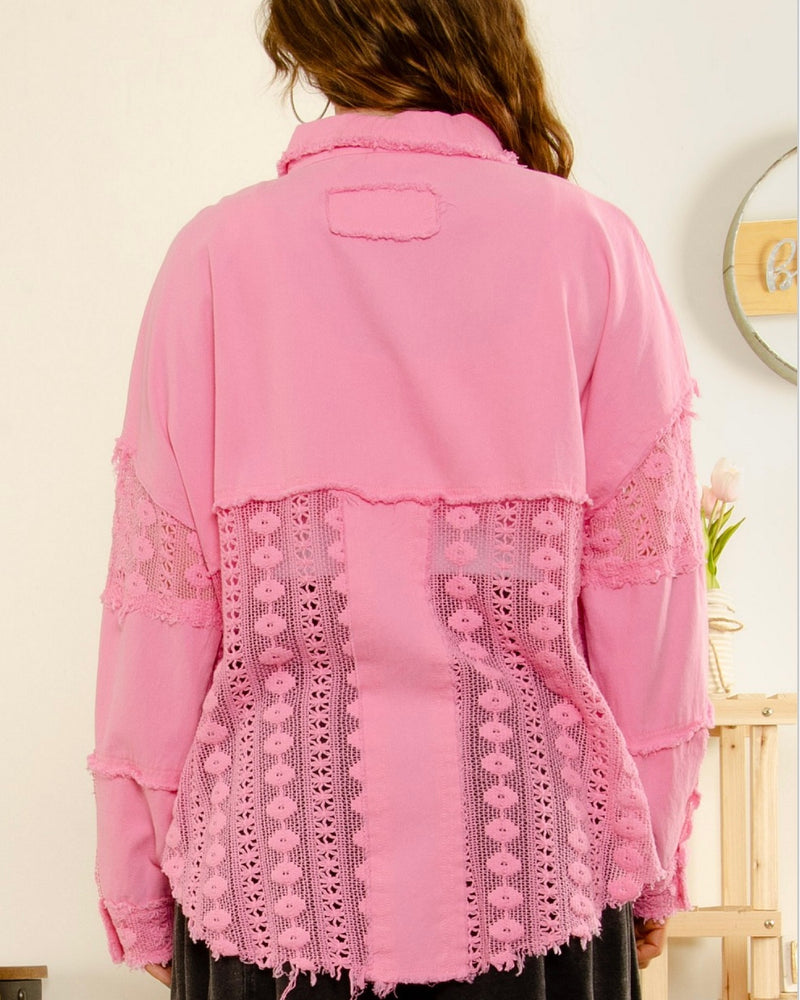Solid Pink Mineral Wash Lace Inset Long Sleeve Button Up Cotton Top Jacket