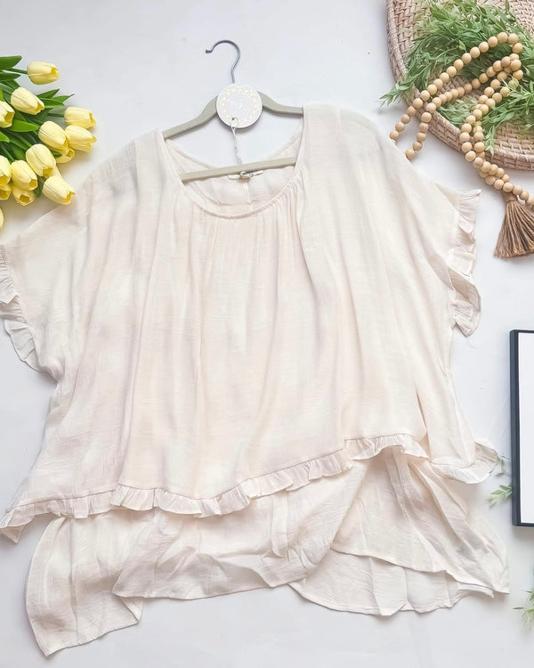 Plus Size Off White Ivory Layered Ruffle 3/4 Short Sleeve Tunic Top