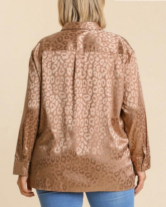 Plus Size Sapphire Blue or Rose Gold Animal Jacquard Leopard Print Long Sleeve Button Down Satin Like Blouse