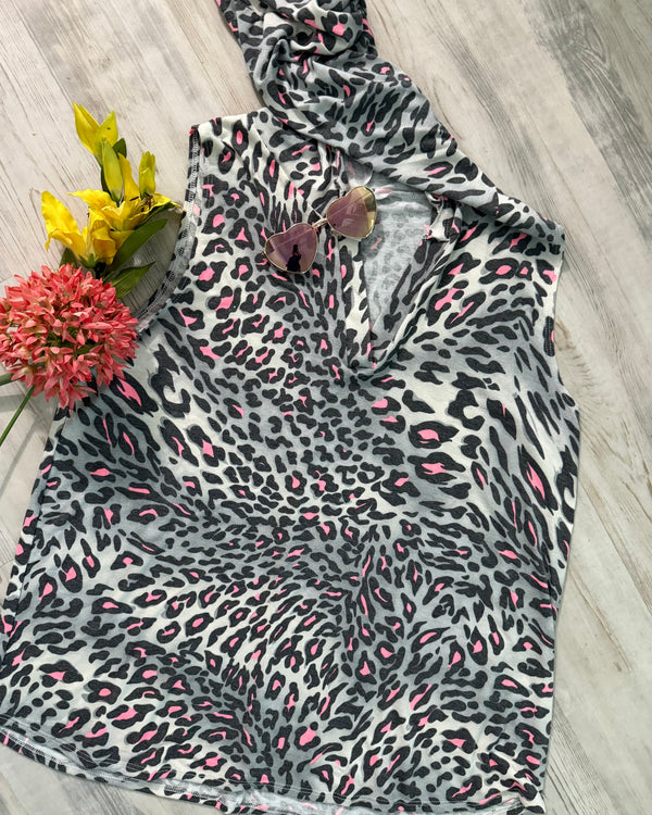 Plus Size Gray & Pink Leopard Sleeveless Tank Hi Lo T-Shirt Hooded Top