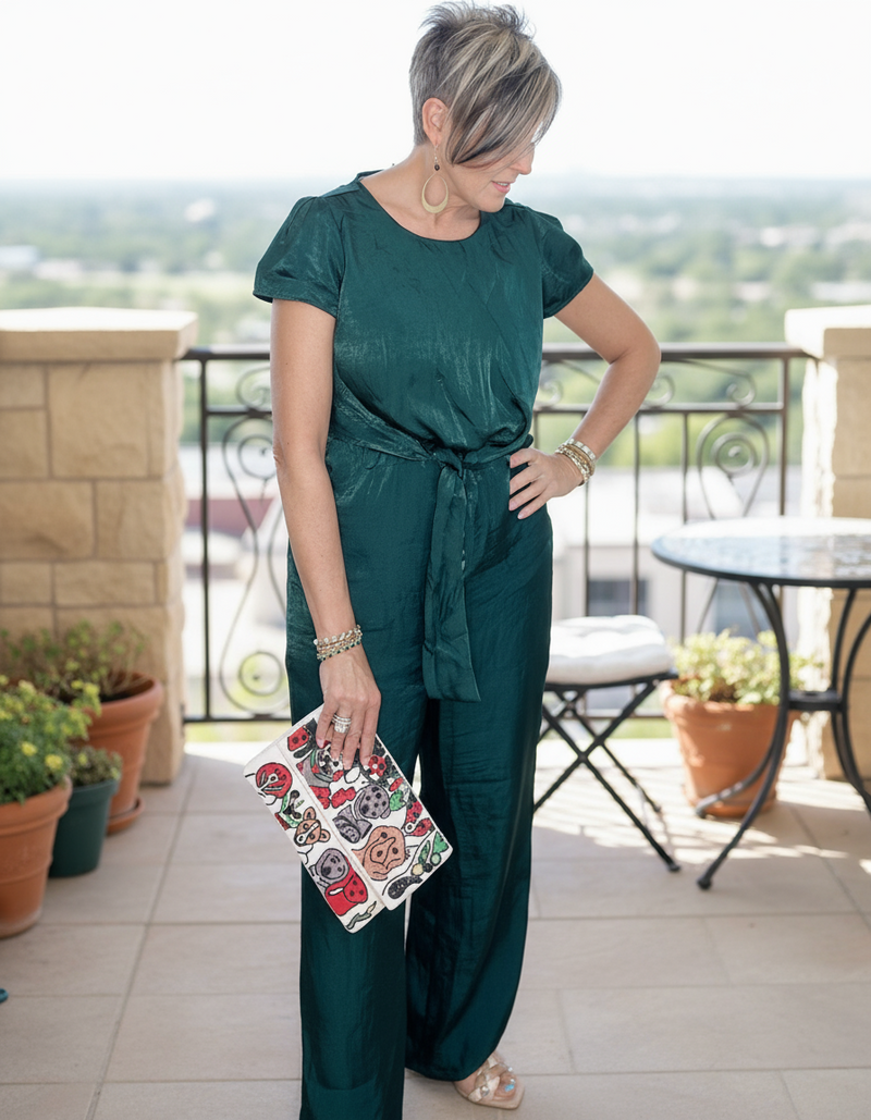 Emerald Green Shimmer Satin Short Cap Sleeve Holiday Party Jumpsuit Pantsuit