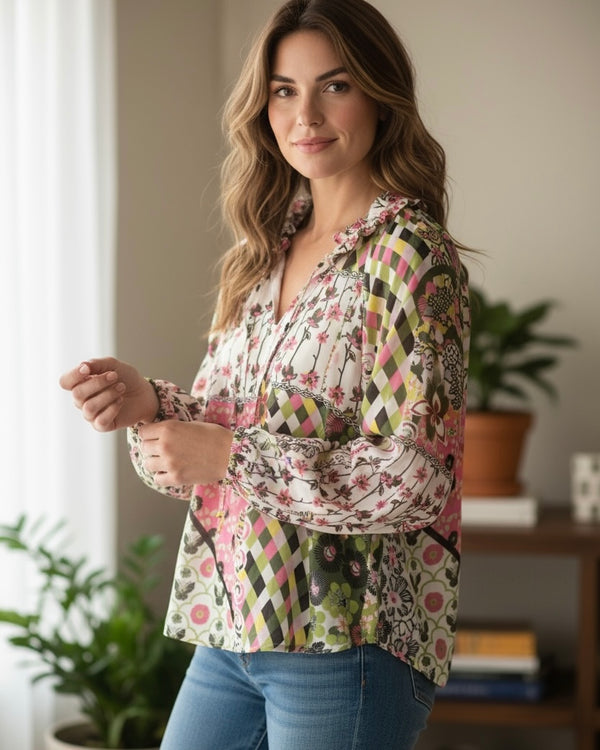 Olive Multicolor Mix Media Boho Floral Print Peasant Long Sleeve Top