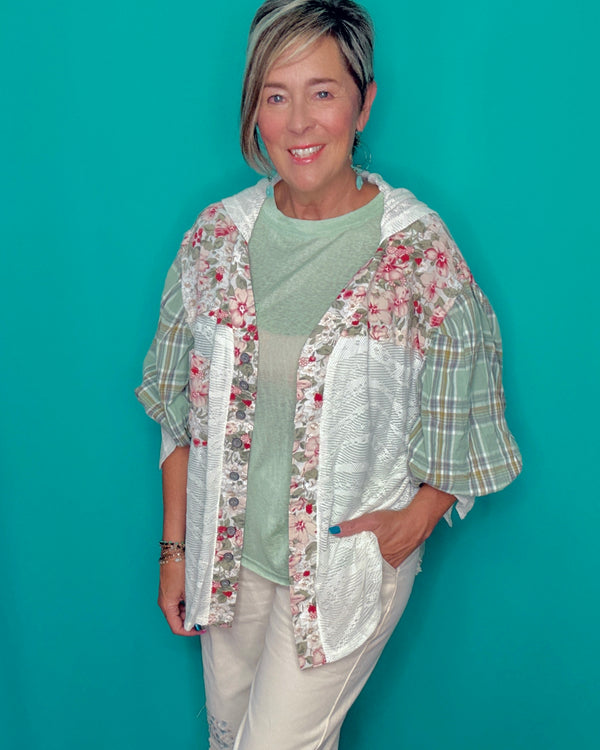 Cream Lace & Olive Green Floral Plaid Mix Button Down Oversize Hoodie Shirket Top