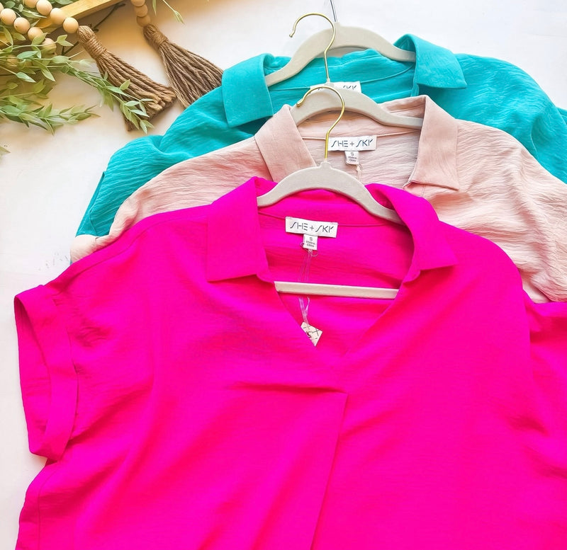 Pink, Beige or Teal Drop Shoulder Short Cap Sleeve Pleat Front Top