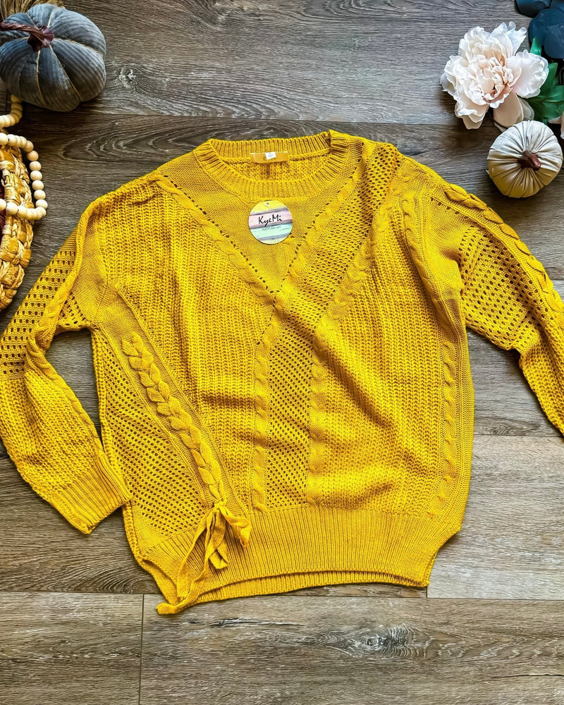 Yellow Long Sleeve Lightweight Textured Tie Front Sweater Top