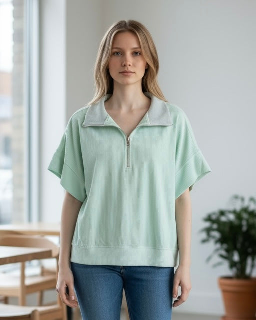 Super Soft Mint Green Zip Neck Short Sleeve Pullover Velour Velvet Top