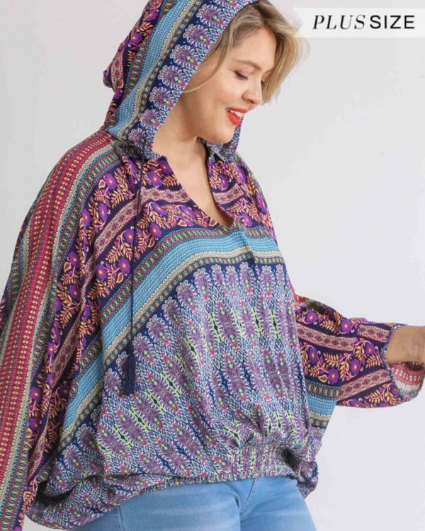 Plus Size Boho Blue Mix Media Bohemian Hoodie Top