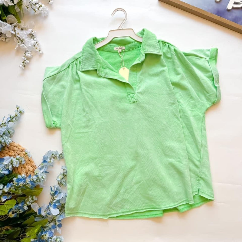 Solid Wash Green Open Collared Short Sleeve Top