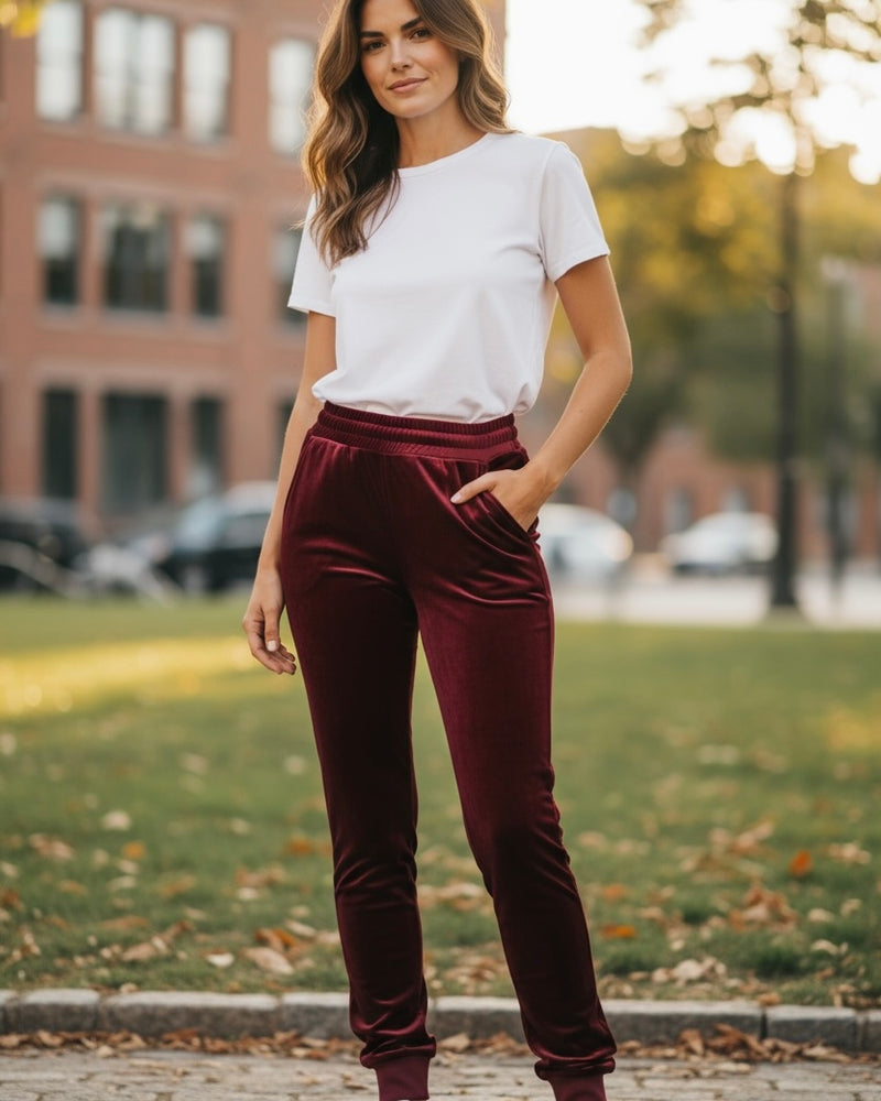 Velvet Pocket Cuff Ankle Elastic Waist Jogger Pants