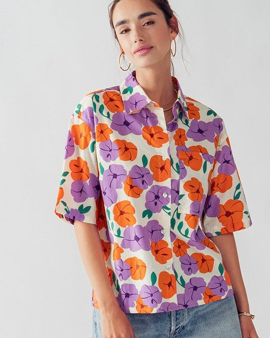 Red & Purple Poppy Button Front Short Elbow Sleeve Collared Top