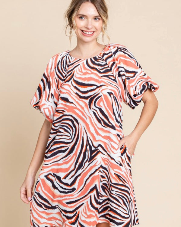 Blush Peach Orange & Black Tiger Stripe Print Short Bubble Sleeve Pocket Dress
