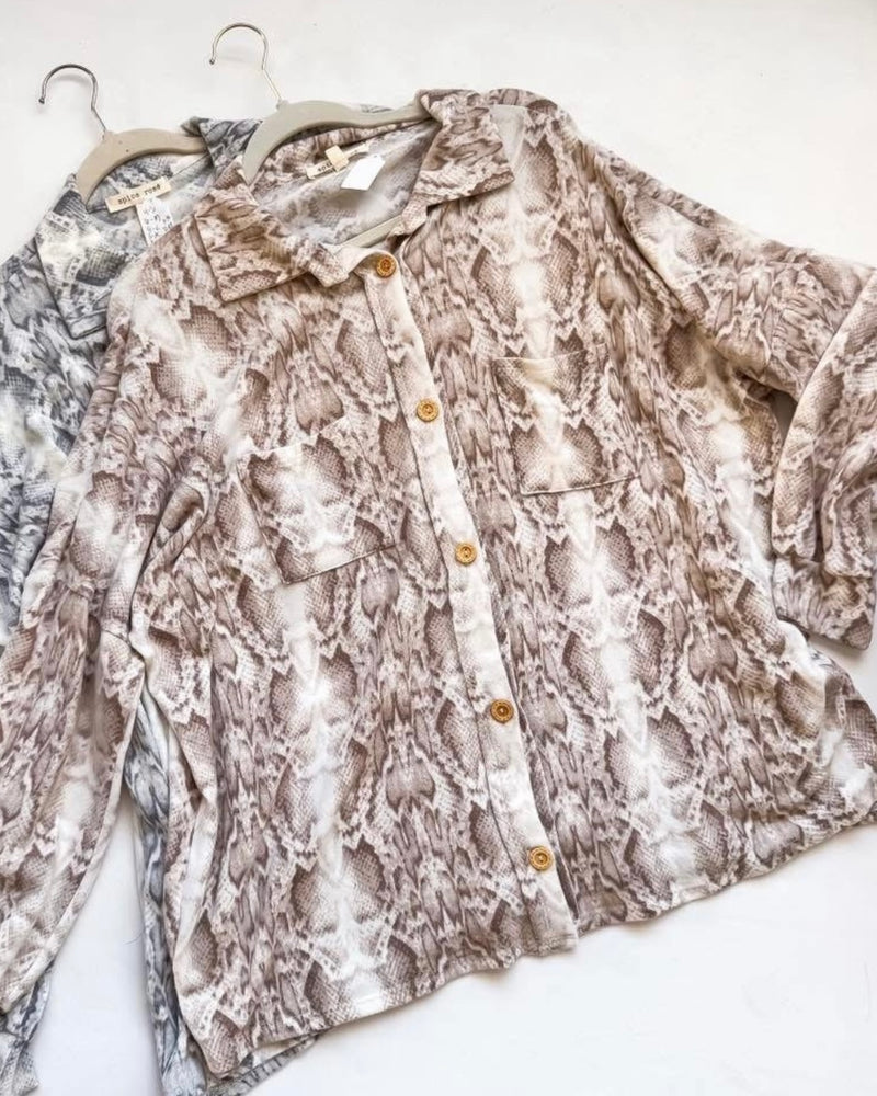 Plus Size Taupe Snake Print Button Down Long Sleeve Brushed Fleece Shacket Top
