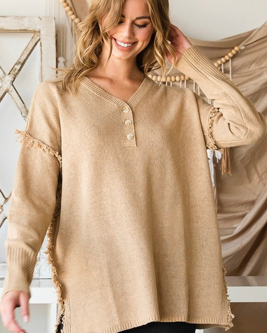 DOOR BUSTER Deep Solid Blue or Khaki Tan Fringe Shoulder Button Neck Long Sleeve Sweater Knit Top