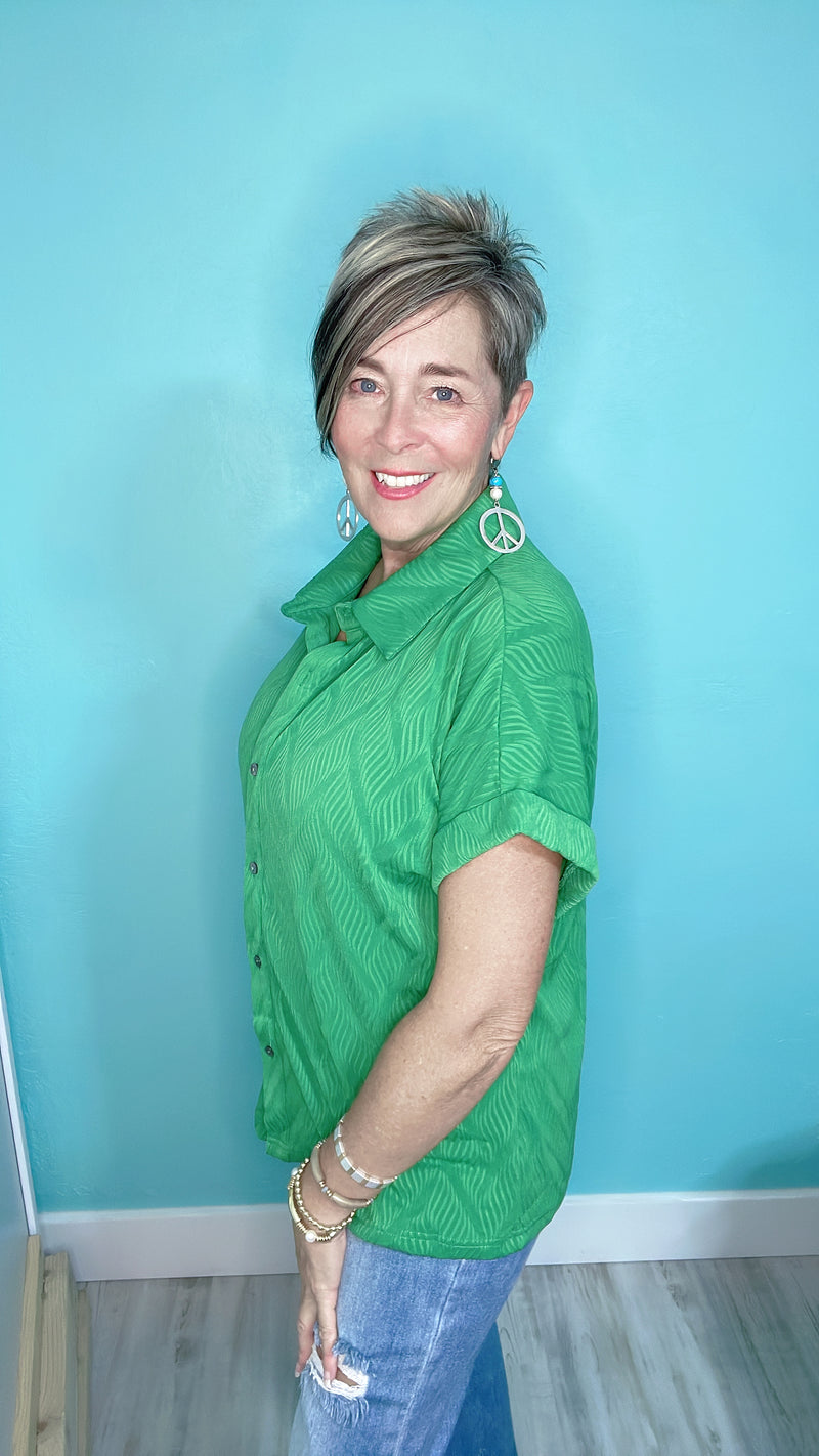 2 pc Bright Green Textured Button Down Top and Short Set