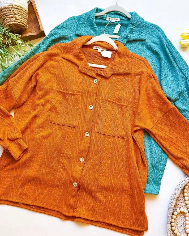 Teal Blue Button Down Textured Long Sleeve Jacket Top