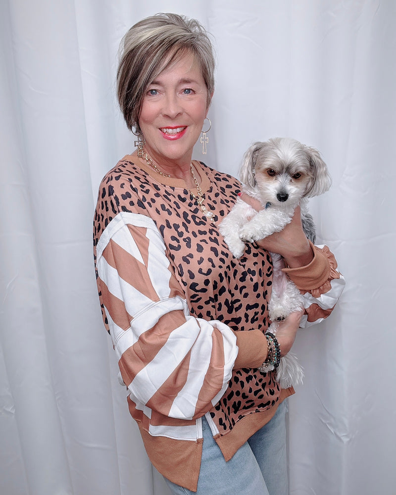 Brown Leopard with Contrasting Purple & Brown or Brown & White Stripe Long Sleeve Oversize Sweatshirt Top