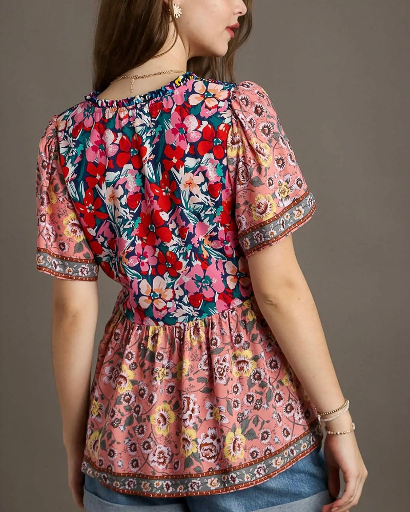 Plus Size Navy, Red & Pink Floral Mix Print Smocked Shoulder Short Sleeve Top