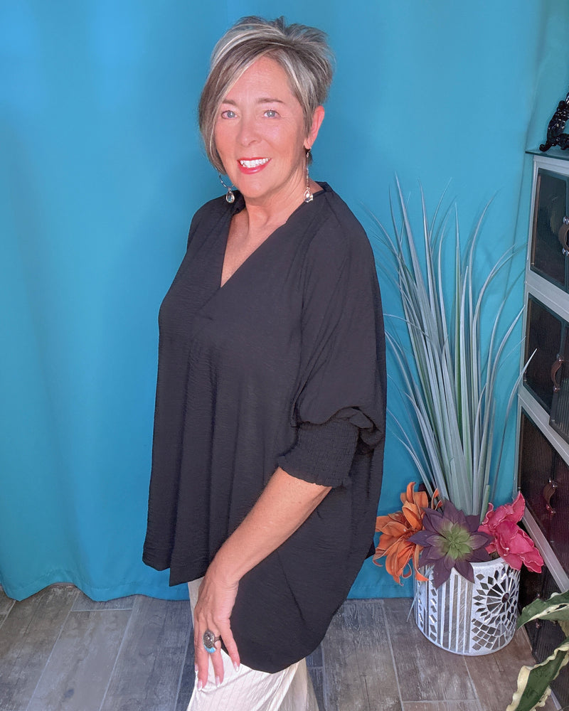 Solid Black Dolman 3/4 Elastic Smock Cuff Sleeve Collared VNeck Blouse