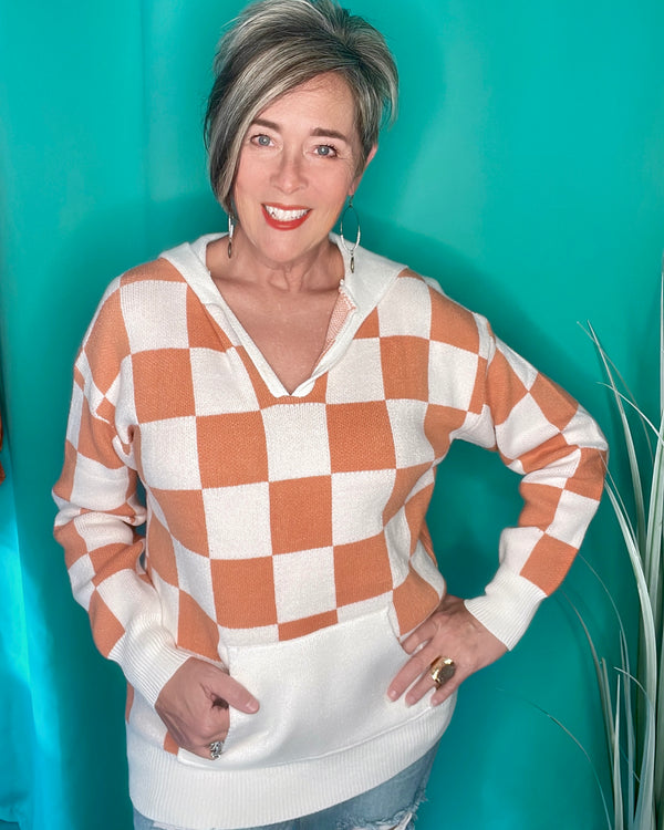 White & Terra Cotta Checkered Open Neck Sweater Top