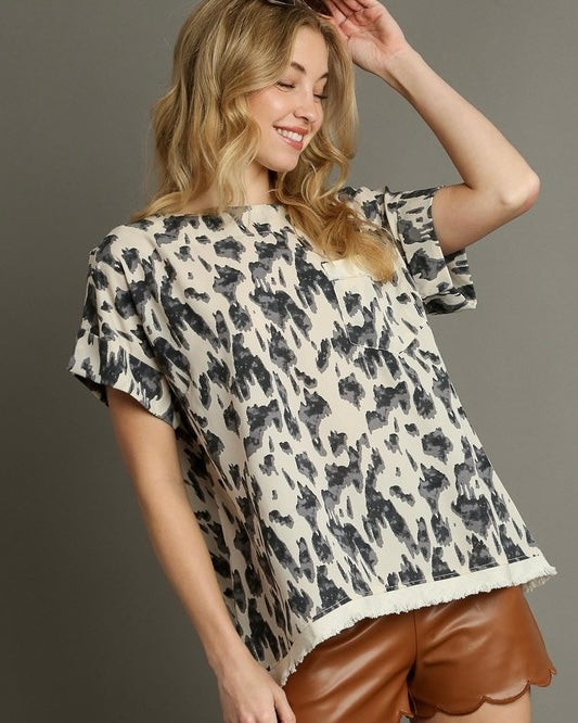 Black & White Animal Print Boxy Cut Short Sleeve Fray Detail Top