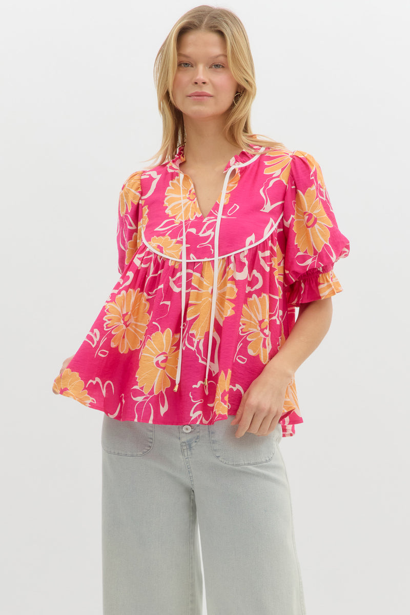 Pink Bold Floral Print Ruffe Neck Puff Short Sleeve Top