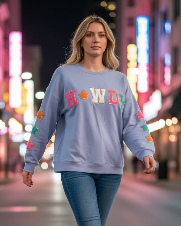 Lilac Fleece with Chenille "Howdy" and Star Patches Pullover Sweatshirt Top