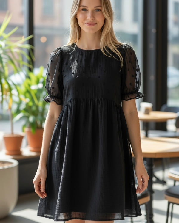 Solid Black Knee Short Puff Sheer Dot Sleeve Dress