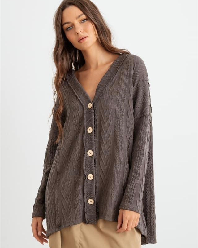 Charcoal Grey or Mauve Blush Button Front Cable Knit Sweater Cardigan Shirket