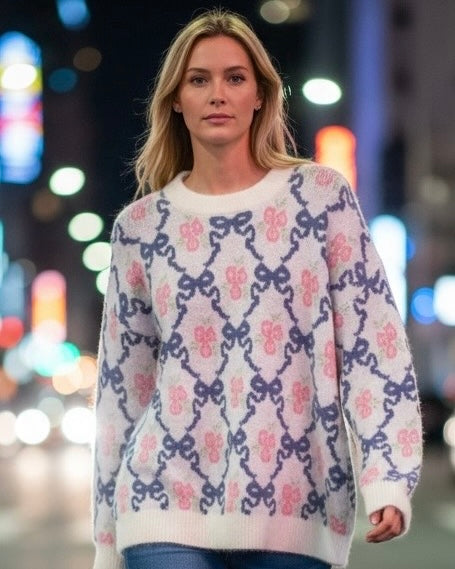 White with Blue & Pink Ribbon Print Sweater Knit Top