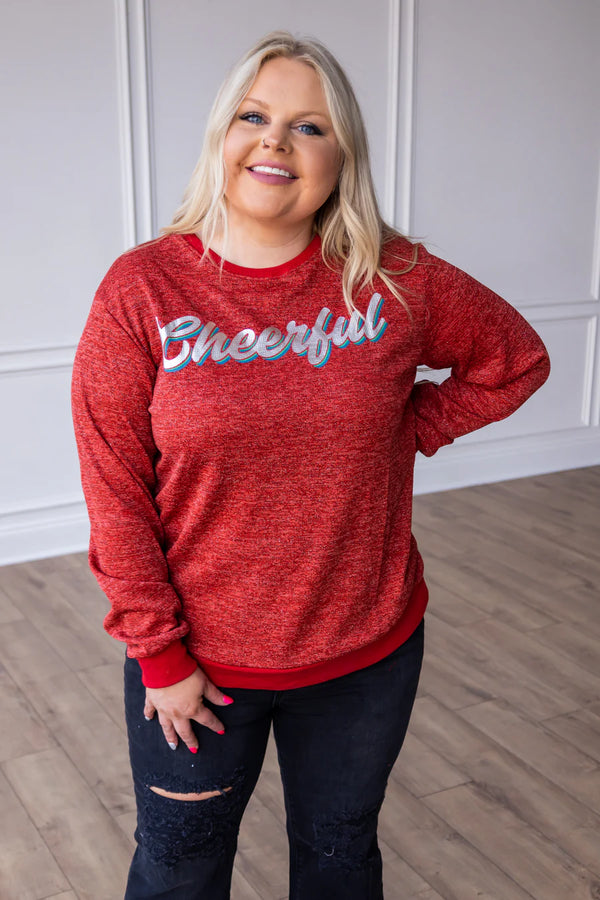 Red Sweater with "Cheerful" Across the Front Long Sleeve Festive Top